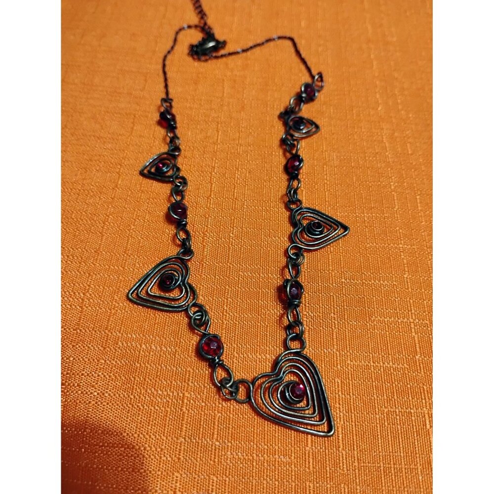Heart shape wire choker necklace maybe sterling, red garnet colored beads hobo h